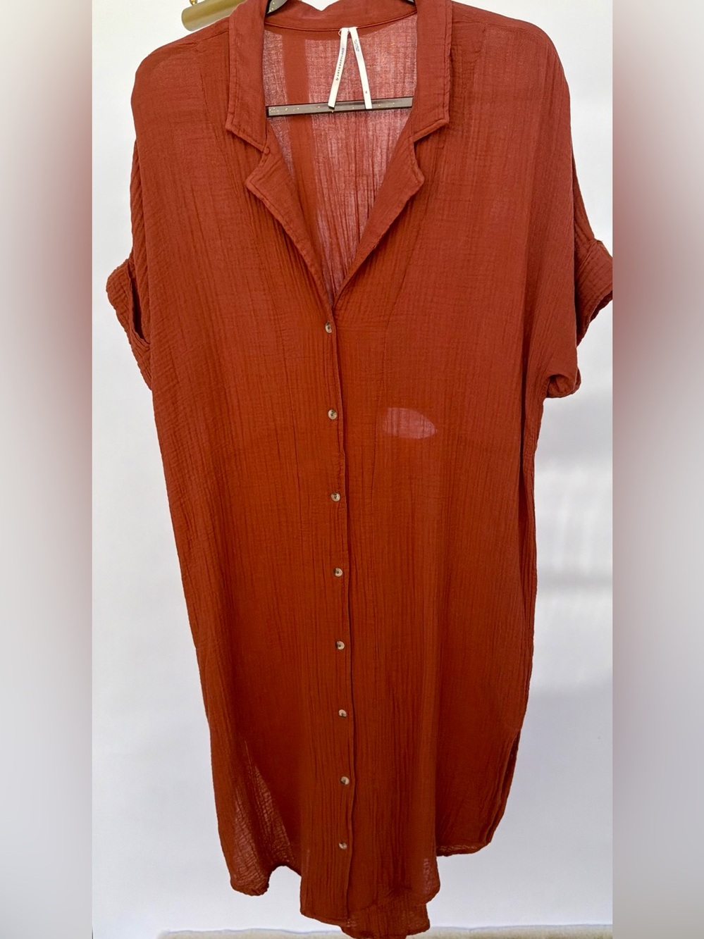 Anthropologie Lucia Sheer Cotton Button Front Midi Dress Beach Cover up Brown XL